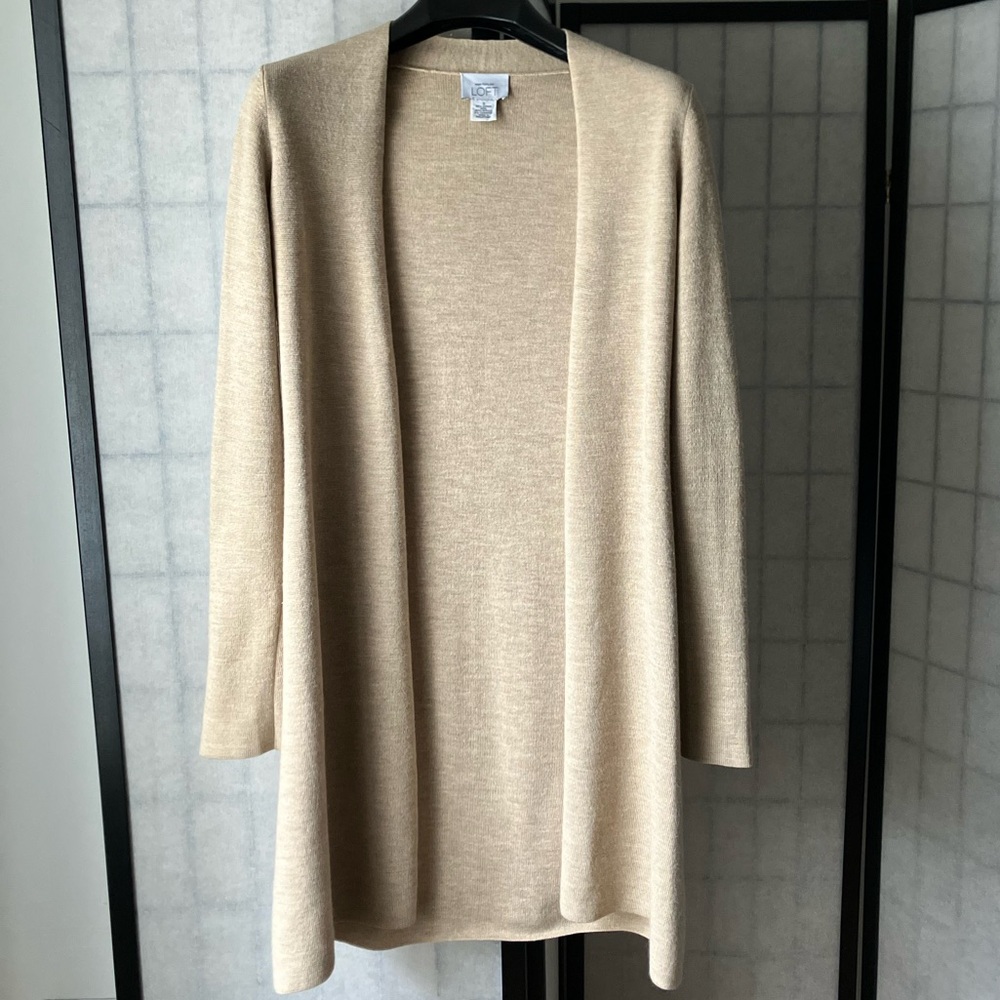 Ann Taylor LOFT Wool Blend Cardigan Knit Sweater Casual Beige Tan Long